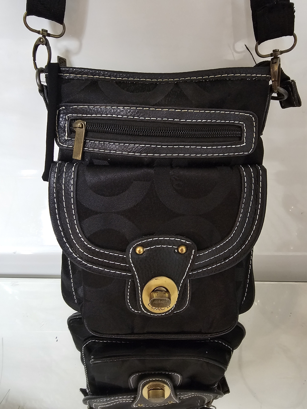 Coach Vintage Y2K Black Crossbody Messenger Bag with White Contrast Stitching